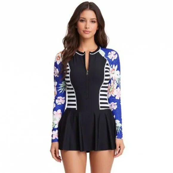 Large Long Sleeve Rash Guard Swim Dress UPF 50+ Black Stripe Floral NWOT - Picture 1 of 2